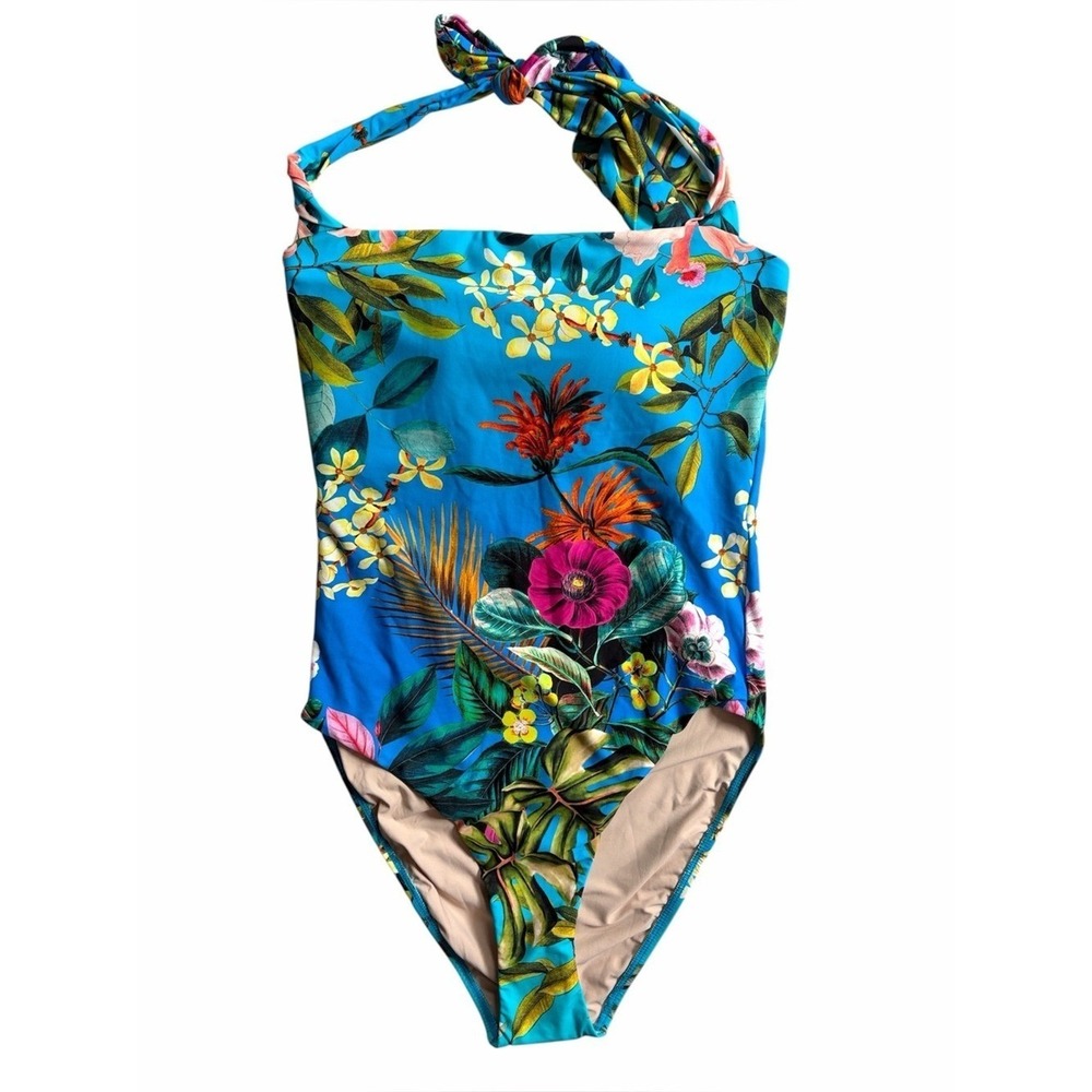 PQ Swim Blue Oasis Floral Printed‎ Square Neck Halter One Piece Swimsuit NWT L